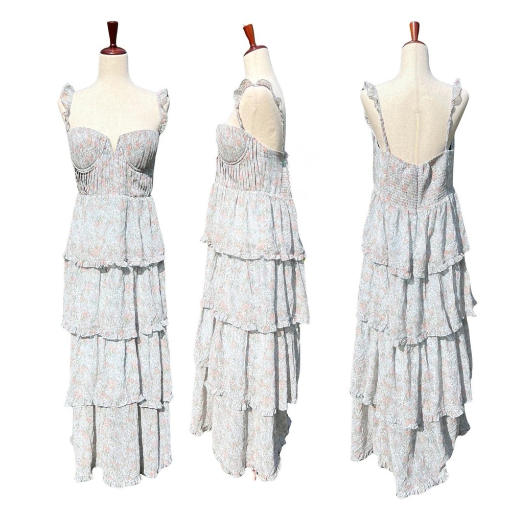 ASTR Tiered Maxi Dress Size XL Blue Floral Romantic Ruffle Boho Summer - Picture 2 of 8